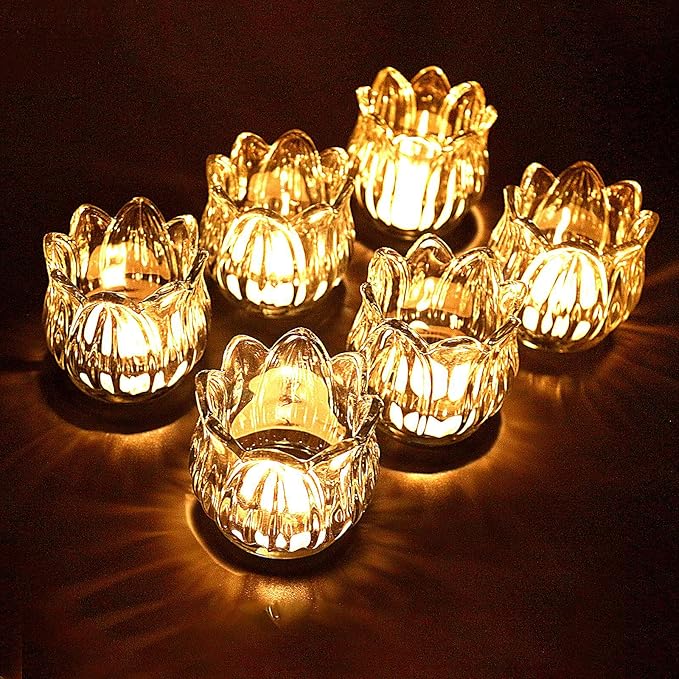 Tulip Votive Candle Holders Set of 6, Tea Light Candle Holder Glass for Table Centerpiece, Tealight Candle Holders for Wedding Déco, Birthday, Anniversary, Parties, and Holiday (Clear)