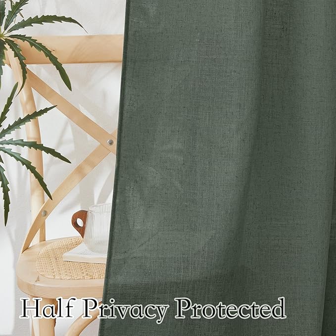 RYB HOME Green Linen Sheer Curtains 102 inches Long, Thick Heavy Textured Rod Pocket Machine Washable Privacy Assured for Living Room Bedroom, W 52 x L 102 inches, Hunter Green, 2 Panels