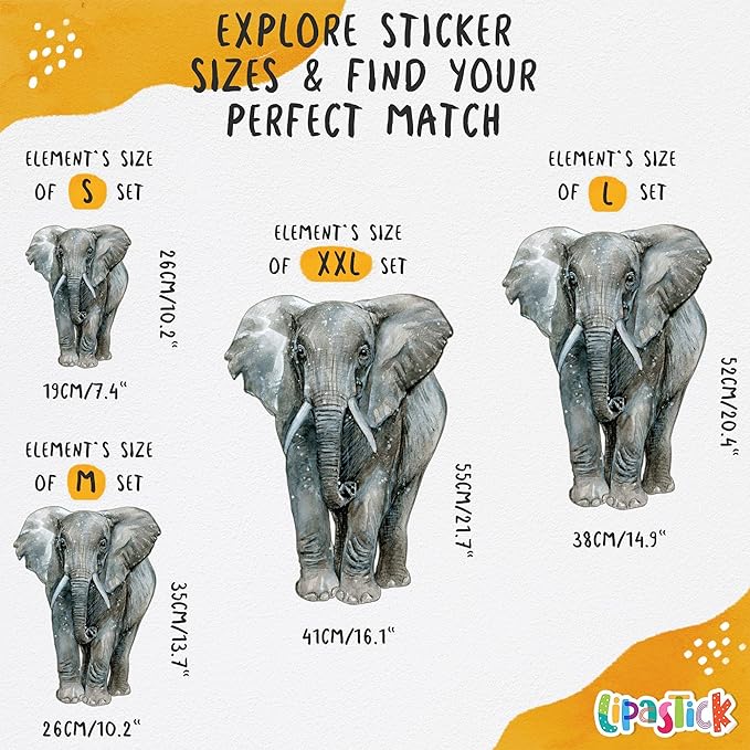 Safari Animal Wall Decals for Kids by Lipastick-Peel and Stick Jungle Stickers Giraffe, Elephant, Hippo, Palm Tree, Parrot for Toddlers Room, Nursery, Playroom, Classroom, Daycare Decor Art- M Size
