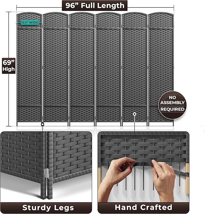 Sorbus 6 Panel Room Divider 6 ft. Tall - Privacy Screen, Extra Wide Double Hinged Panels, Mesh Hand-Woven Design, Partition Room Dividers and Folding Privacy Screens, Wall Divider for Room Separation