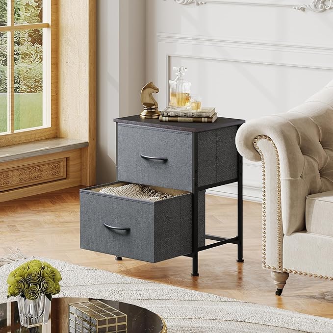 WLIVE Nightstand, 2 Drawer Dresser for Bedroom, Small Dresser with 2 Drawers, Bedside Furniture, Night Stand, End Table with Fabric Bins for Bedroom, Closet, Entryway, College Dorm, Dark Grey