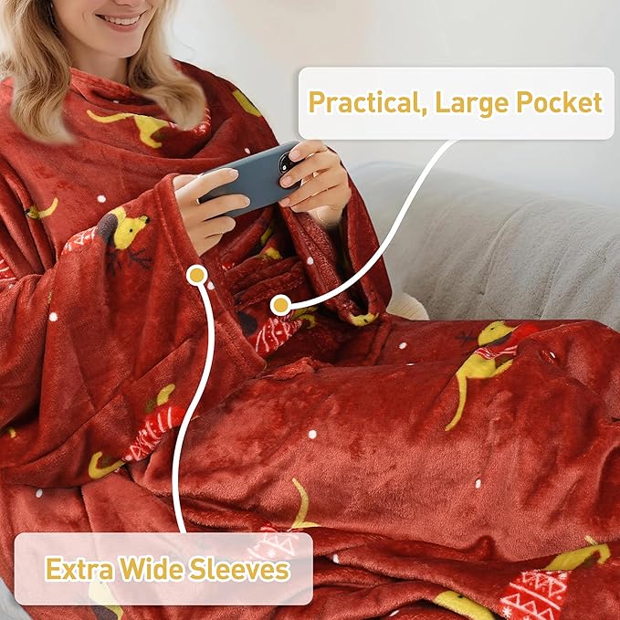 Catalonia Xmas Dachshund Print Wearable Blanket with Sleeves and Foot Pocket – Ultra-Soft Warm Fleece Long Throw Snuggly Blanket for Sleeping & TV Time – Cozy Christmas Gift for Women & Men