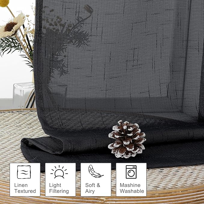 Aiyufeng Kirei Black Sheer Curtains 63 Inch Length 2 Panels, Faux Linen Slub Textured Soft Breathable Rod Pocket Light Filtering Curtain for Living Room Bedroom Kitchen, Each 40Wx63L Inch
