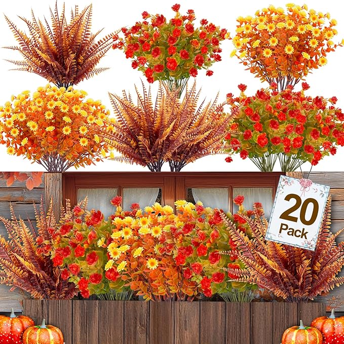 20 Bundles Artificial Fall Flowers for Outdoors Fall Thanksgiving Decorations - UV Resistant Fake Mums Faux Fall Plants Plastic Flowers for Gardens Porch Fireplace Patio Home Indoor Autumn Fall Decor