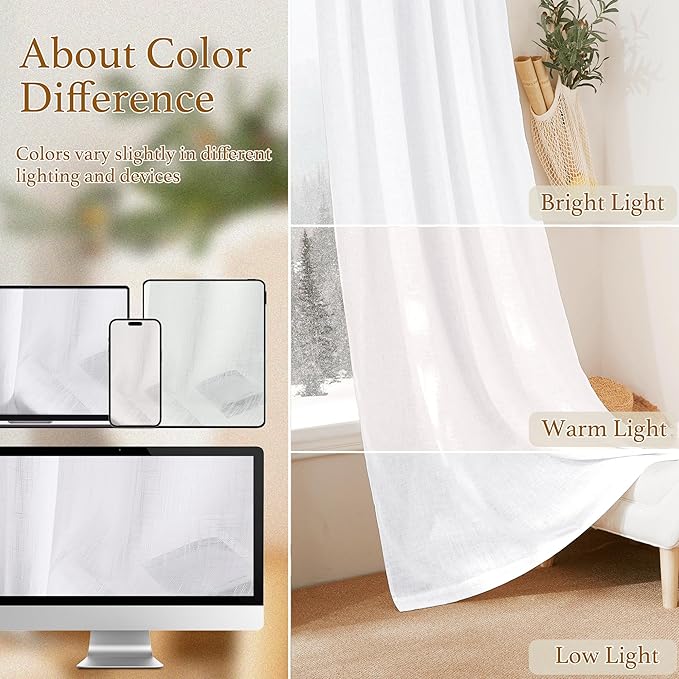 RYB HOME White Sheer Curtains 63 inches, Machine Washable Light Filtering Textured Short Curtains for Home Office Dormitory Sunroom Bathroom, W 42 x L 63 inches, 2 Panels Set