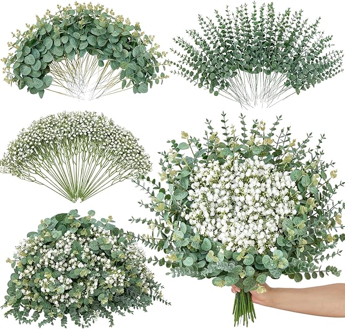 Serwalin 200 Pcs Mixed Artificial Eucalyptus Stems，Babys Breath Artificial Flowers Bulk with Artificial Fake Greenery Stems for Wedding DIY Bouquets Floral Arrangement Home Decor