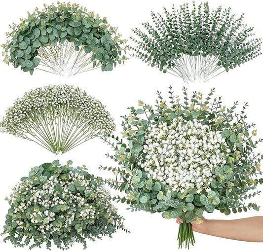 Serwalin 200 Pcs Mixed Artificial Eucalyptus Stems，Babys Breath Artificial Flowers Bulk with Artificial Fake Greenery Stems for Wedding DIY Bouquets Floral Arrangement Home Decor