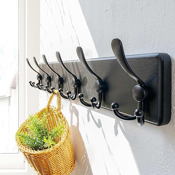 Dseap Coat Rack Wall Mounted - 24" Long 6 Tri Hooks, Heavy Duty Wooden Wall Coat Hanger Coat Hook for Clothes Hat Jacket Clothing, Black, Pack of 2