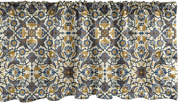 Ambesonne Turkish Pattern Window Valance Pack of 2, Flowers in and Traditional Style, Rod Pocket Curtain Valances for Kitchen Bedroom, 54" X 18", Earth Yellow Slate Blue