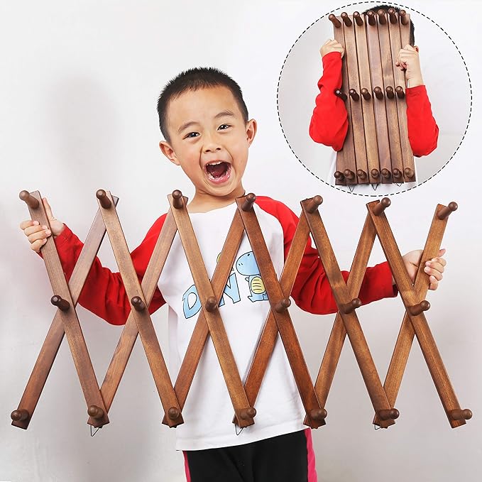 WEBI Accordion Wall Hanger,Expandable Wooden Coat Rack,Accordion Hat Rack for Wall,Accordion Hook Rack for Hats,Caps,20 Peg Hooks,Brown,2 Packs