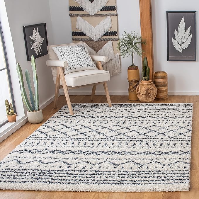 SAFAVIEH Arizona Shag Collection Area Rug - 6' x 8', Ivory & Slate, Non-Shedding & Easy Cleaning, Plush Thick Pile, Ideal for Living Room, Bedroom, Dining Space (ASG741M)