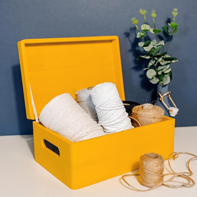 Large Yellow Wooden Box Storage with Hinged Lid | 11.8 x 7.87 x 5.51 inches (+-0.5) | with Handles | Gift Box for Tool Dog Toy Shoes Clothes Kitchen Storage | Wood Keepsake Chest