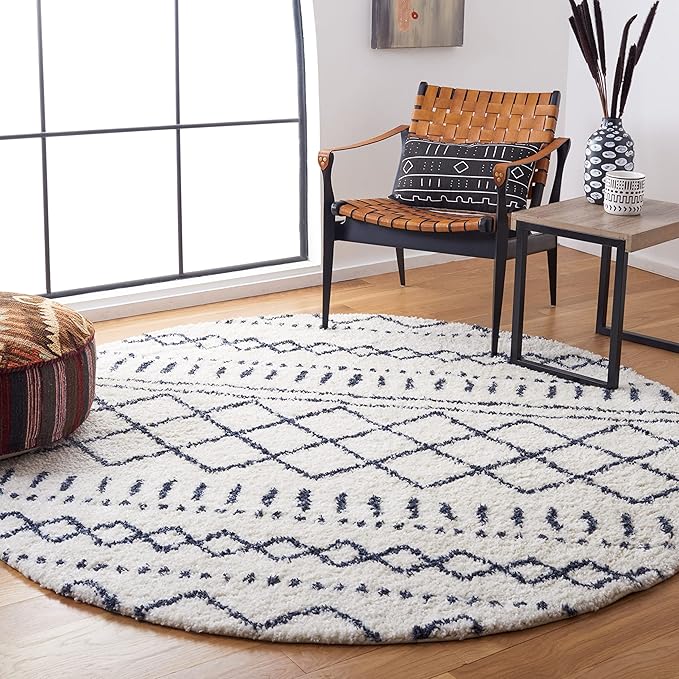 SAFAVIEH Arizona Shag Collection Area Rug - 3'2" Round, Ivory & Slate, Moroccan Design, 1.6-inch Thick, Non-Shedding, Ideal for High Traffic Areas in Living Room, Bedroom, Dining (ASG741M-3R)