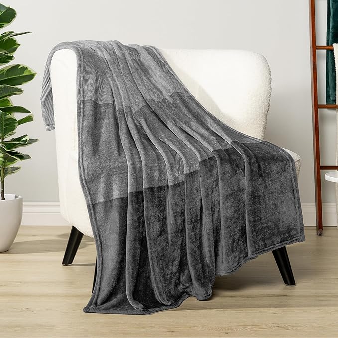 PAVILIA Gray Ombre Fleece Throw Blanket for Couch, Soft Flannel Blanket for Sofa Bed Room, Plush Lightweight Light Grey Gradient Blanket, Cozy Microfiber Decorative Gift Throw, 50x60