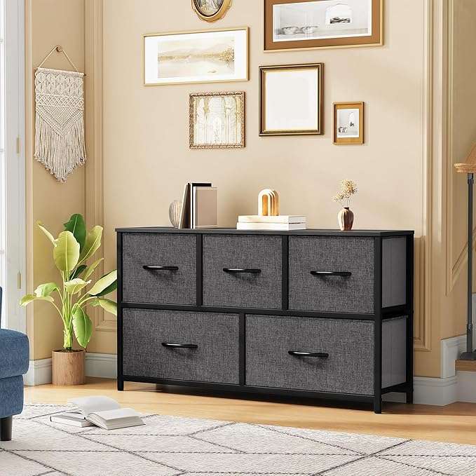DWVO Dresser with 5 Drawers - Fabric Storage Tower, Black Dresser & Chest of Drawers, Organizer Unit for Bedroom