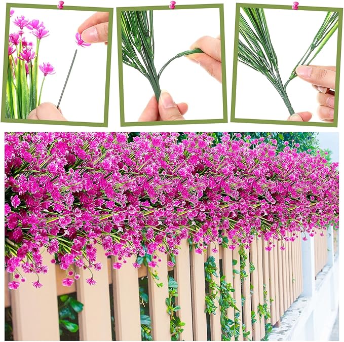 Hoteam 50 Bundles Outdoor Artificial Flowers Plants Uv Resistant Outside Faux Flowers Plastic Fake Plants Outdoor Summer Fall Four Seasons Decoration Shrubs Garden Porch Box, Purple Red