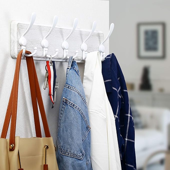 WEBI Coat Rack Wall Mount,5 Triple Hooks for Hanging Coats,16" Hole to Hole,Coat Hooks Wall Mounted,Coat Hanger Wall Hook Rack Rail for Clothes,Jacket,White