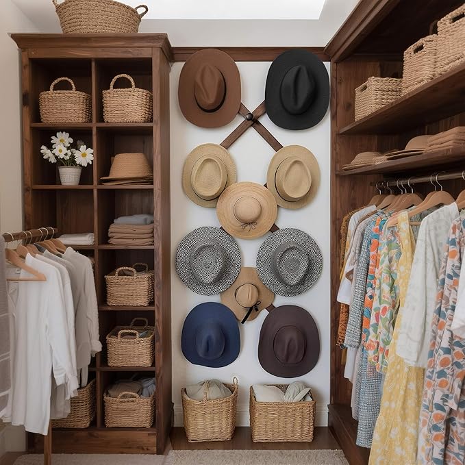 SKOLOO Hat Rack for Wall with 11 Hooks, 24 inch Solid Wooden, Modern, Huge Coat Rack Wall Mount for Coats, Hats, Bags, Cowboy Caps, Baseball Caps, Walnut Color