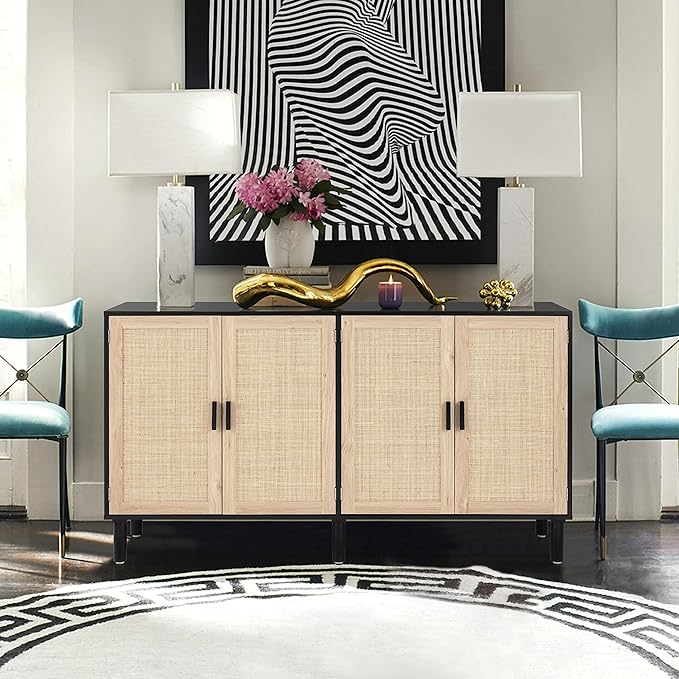 Finnhomy 4 Door Sideboard Buffet Cabinet, Kitchen Storage Cabinet with Rattan Decorated Doors, Cupboard Console Table, Boho Accent Liquor Cabinet, Bar Cabient, 62.3X 15.7X 34.6 Inches, Black