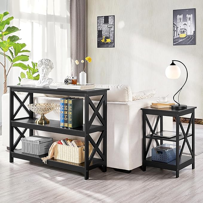 Yaheetech Console Table with Storage Shelves, 3-Tier Entryway Table Sofa Side Table Narrow Long Bookshelf for Hallway Living Room, Accent Furniture, Black