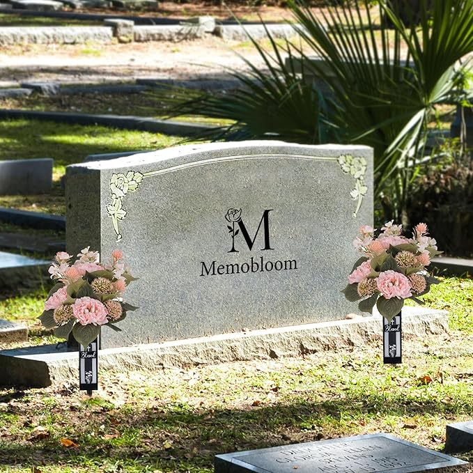 Pink Artificial Flowers for Cemetery : 2 Pcs Peony Grave Flower Bouquets for Cemetery Decorations - Outdoor Gravesite Flowers with Vase