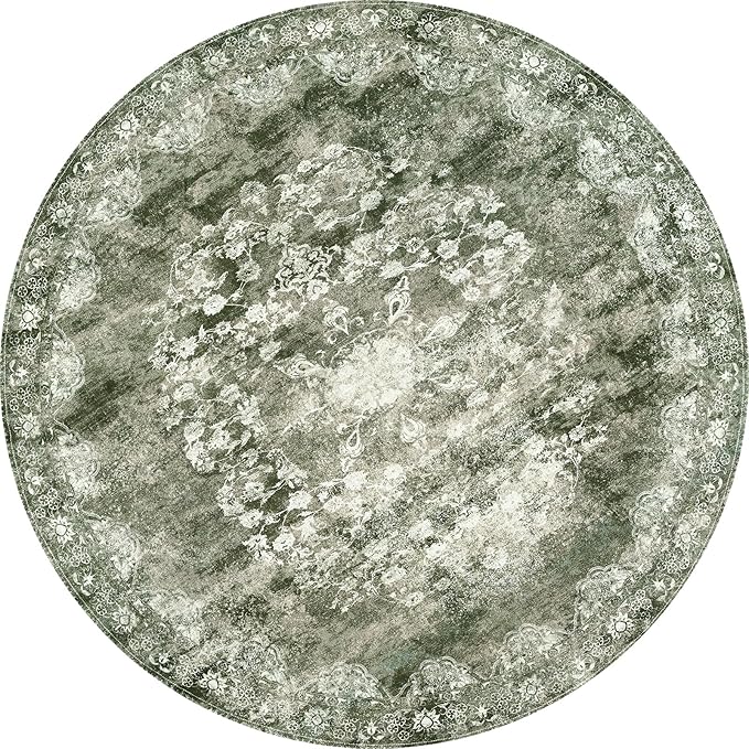 jinchan Round Rug 4ft Area Rug - Green Vintage Floor Mat Kitchen Indoor - Washable Circle 4' Thin Floral Print Carpet Retro Farmhouse Non Slip Dining Room Living Room Bedroom Office