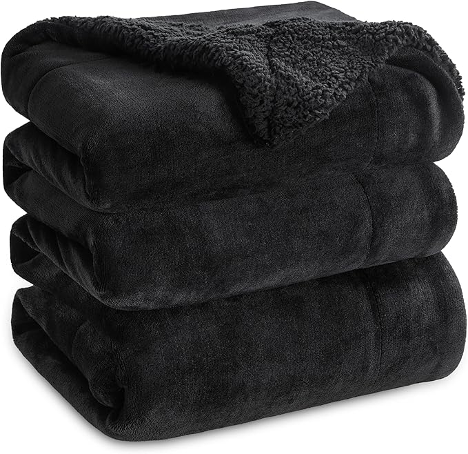 Bedsure GentleSoft Sherpa Fleece Blankets Queen Size for Bed - Thick and Warm Throw for Women and Men, Soft Fuzzy Plush Queen Blanket for Winter, Black, 90x90 Inches