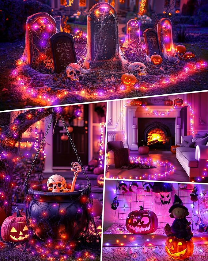Minetom Halloween Fairy Lights Battery Operated, 5 Pack 7 FT 20 LED With Timer, Black Wire String Lights Indoor for Bedroom Party Classroom, Orange and Purple