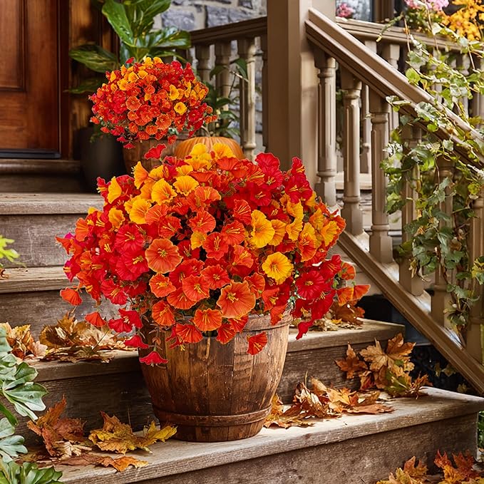 Artificial Fall Flowers Outdoor Fake Mums - 16 Bundles Fake Plants UV Resistant No Fade Faux Plastic Greenery Garden Morning Glory Home Decor (1, MixedFall 4 Colors)