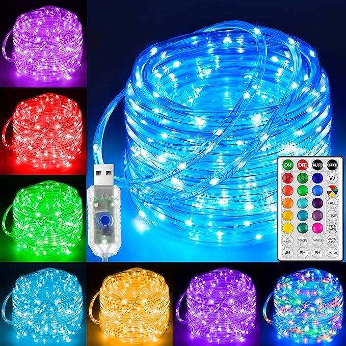 Ollny USB Rope Lights Outdoor Color Changing with Remote, 33FT 100 LED Waterproof String Lights, 18 Colors Fairy Christmas Light for Indoor Bedroom Party Garden Wedding Holiday Decorations