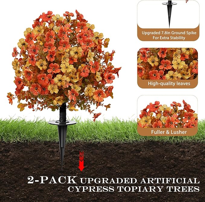 Artificial Topiary Bushes for Outdoors with Spike, Boxwood Ball Fake Shrubs UV Resistant Faux Plants for Indoor Outdoor Fall Thanksgiving Halloween Decor (Orange)