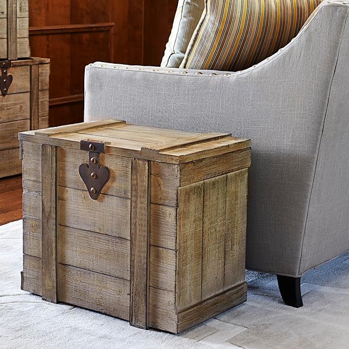 Household Essentials Decorative Trunk, Victorian Style, Aged-Wood Finish and Metal Accents, with Fully Opening Lid and Ring Handles