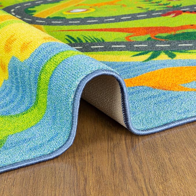 KC Cubs 8x10 Dinosaur Toy Car Dino Road Rug – Educational Play Mat Carpet for Kids, Toddlers, Nursery, Classroom, Playroom, Baby Daycare, Boys & Girls