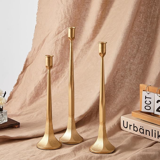 Denique Iron Taper Candle Holder Set of 3, Gold Candlestick Holders Decorative Candle Stand, Tapered Candle Holders Tall Set for Wedding, Dining Table, Home Decoration (Gold)