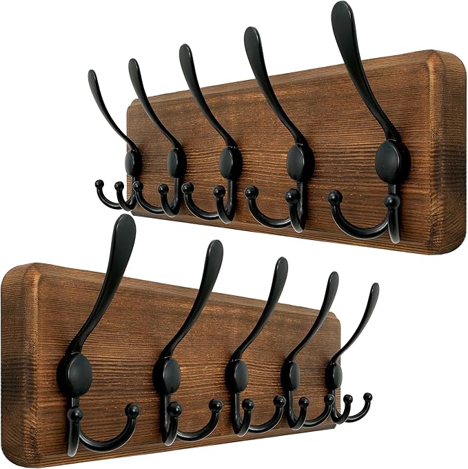 WEBI Rustic Coat Rack Wall Mounted,Wood Coat Hanger Wall,5 Coat Hooks,16" Hole to Hole,Hook Rack Rail,5 Triple Hooks for Hanging Jacket,Clothes,Hats,Entryway,Brown,2 Packs