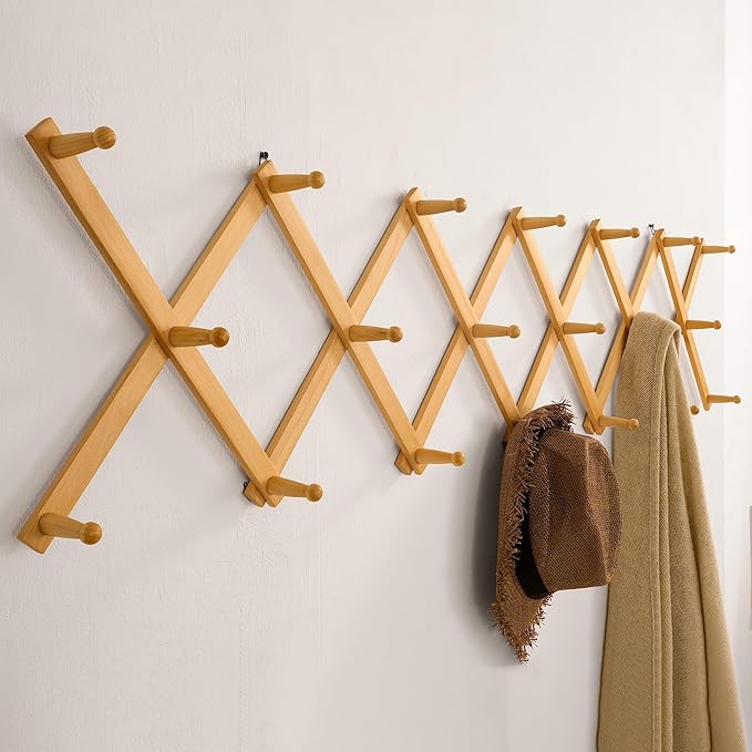 SKOLOO Hat Rack for Wall with 20 Hooks, Solid Wooden, Modern, Expandable Coat Rack Wall Mount for Coats, Hats, Bags, Baseball Caps, Natural Color