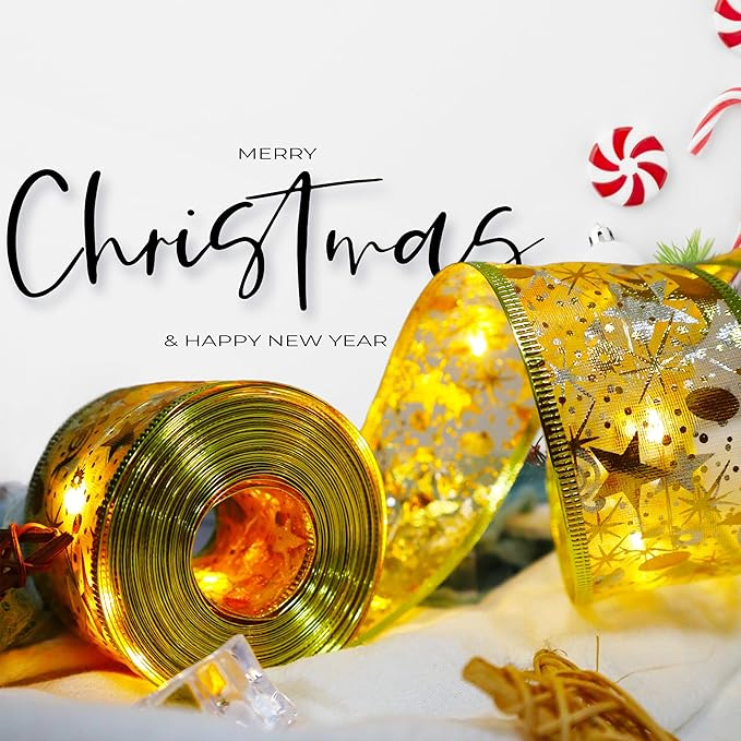 Christmas Ribbon Fairy Lights 33Ft 100 LED String Lights Battery Operated 2In Gold Foil Ribbon with Warm White Twinkle Firefly Lights Indoor Starry Holiday Decoration for Christmas Tree