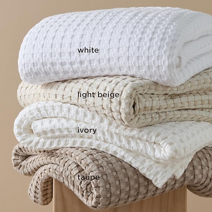 Bedsure Cooling Cotton Waffle Weave Blanket - Lightweight Breathable Blanket of Rayon Derived from Bamboo for Hot Sleepers, Luxury Throws for Bed, Couch and Sofa, White, 50x70 Inches
