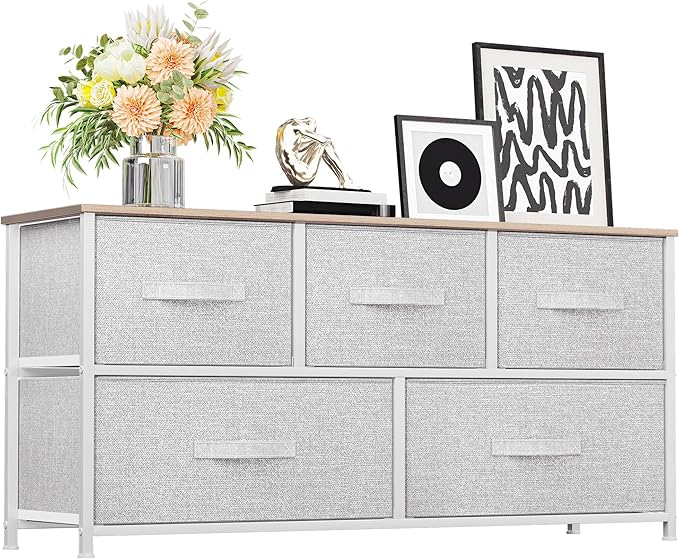 YITAHOME Wide Chest of Drawers, Dresser with 5 Drawers, Light Grey Fabric Storage Tower, Dresser for Bedroom with 5 Drawers, Living Room, Closets - Sturdy Steel Frame, Wooden Top