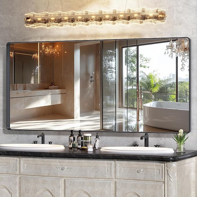 Hasipu Black Bathroom Mirror for Wall, 77 x 36 Inch Metal Framed Bathroom Mirrors for Over Sink, Rectangle Bathroom Vanity Mirror, Anti-Rust, Tempered Glass, Horizontal or Vertical