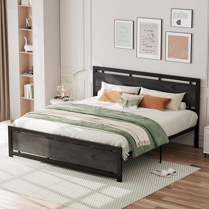 LIKIMIO King Bed Frame with Headboard and Footboard, Metal Strong Supports, Easy Assembly, Noise-Free, No Box Spring Needed, Charcoal Grey