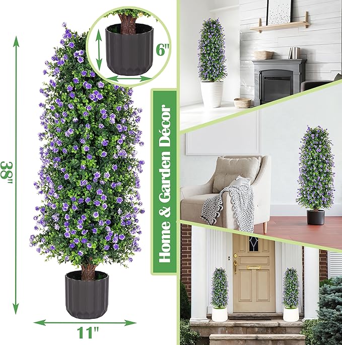 Sunnyglade 2 Packs Artificial Rose Tree 3FT- Fake Floral Plant Tree in Pot- Decorative Topiary Plant - Cement Filled Potted Faux Flower Plant for Home Office Porch Decor Indoor Outdoor (Purple)