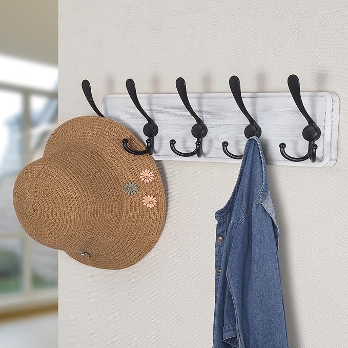 Dseap Coat Rack Wall Mounted - 5 Tri Hooks, Heavy Duty, Wooden Wall Coat Hanger Coat Hook for Clothes Hat Jacket Clothing, White & Black, Pack of 2