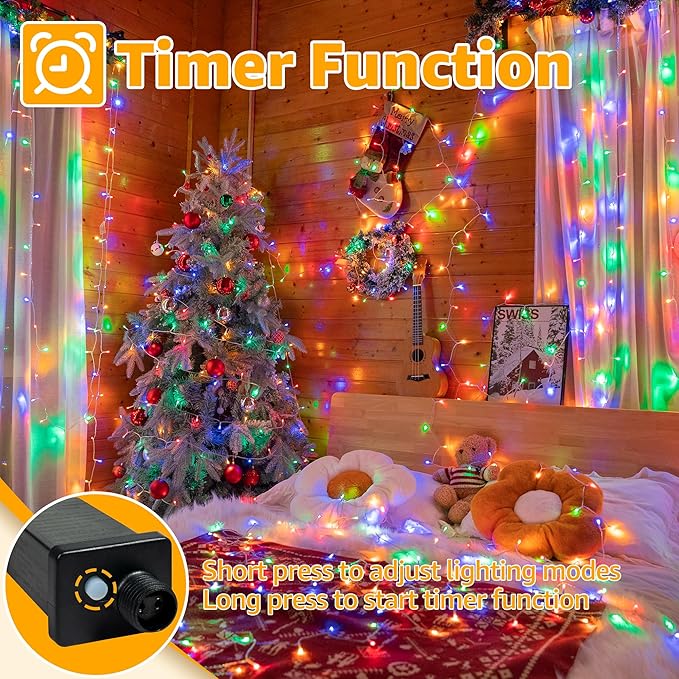 Ollny 120LED 40FT Christmas Lights, Waterproof Connectable String Lights with Timer 8 Modes, Multicolor Plug in Fairy Light for Indoor Outdoor Bedroom Xmas Tree Holiday Party Decorations