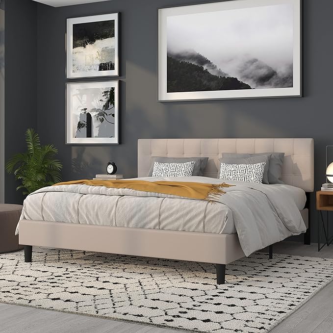 Flash Furniture Bedford Tufted Upholstered King Size Headboard in Beige Fabric