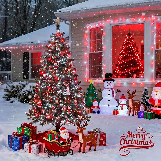 JMEXSUSS 2 Pack Red and White Battery Christmas Lights, Each 33ft 100 LED Battery Powered String Lights with Remote for Tree Patio Yard House Party Birthday Outside