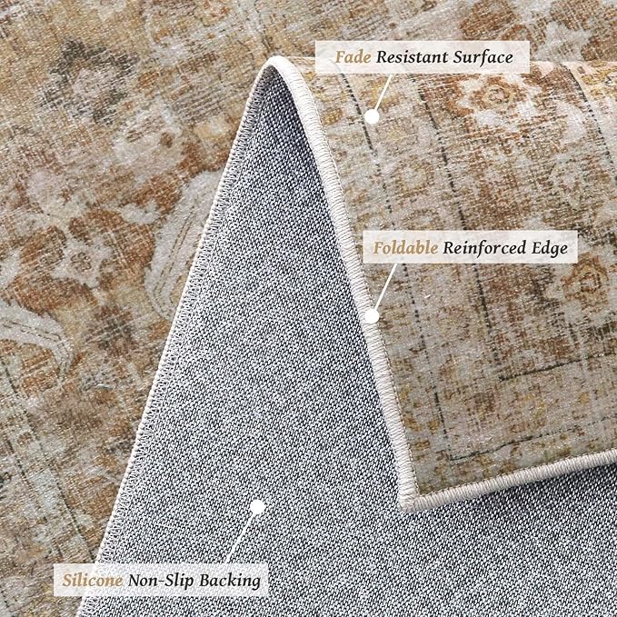 Washable 4x6 Rugs for Living Room, Boho Non-Slip Silicone Backing Small Rugs for Bedroom Nursery Office, 0.3" Neutral Oriental Throw Carpet with 0.16" Cushioning Pad, Brown/Multi