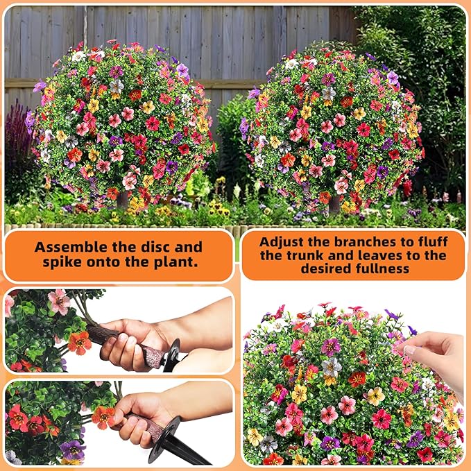 27.5" Artificial Boxwood Topiary Ball Trees with Colorful Flowers, Set of 2 Fake Shrubs Bushes with Ground Spike, UV Resistant Faux Evergreen Plants for Outdoor Planters Front Porch Garden Decor