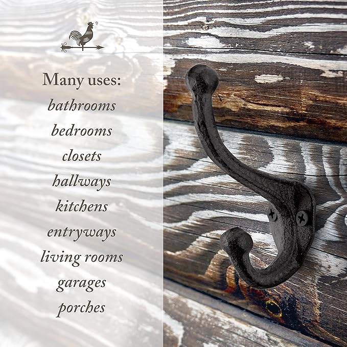 Rustic Cast Iron Coat Hooks (5 Pack) Wall Mounted Farmhouse Decorative Wall Hooks, Vintage Hooks for Hanging Coats, Bags, Hats, Towels (Antique Black, Includes Hardware)