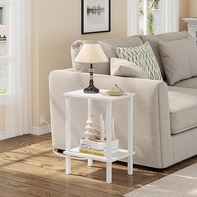 TUTOTAK End Table with Charging Station, Set of 2, Small Side Table with Outlets, Nightstand Bedside Table, 2-Tier Storage Shelf for Small Space, Living Room, Bedroom White TB01BW041